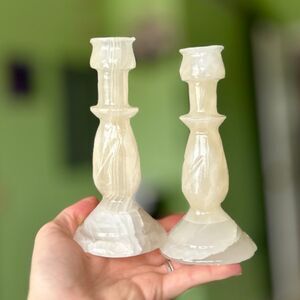 VTG Milky White Onyx Glass Stone Elegant Candlestick Holders Set of 2